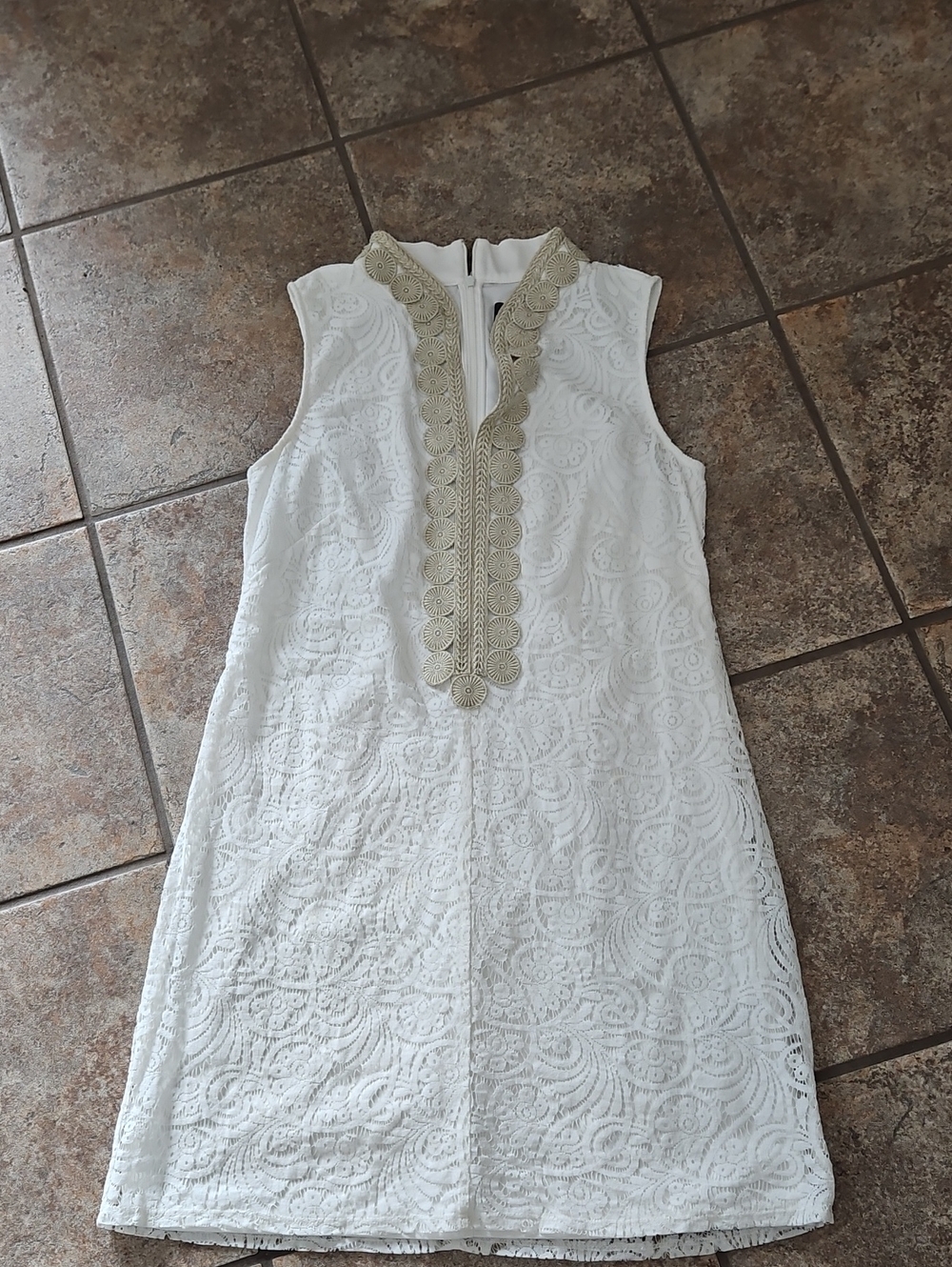 Vince Camuto White Lace Mini Dress with Gold Trim